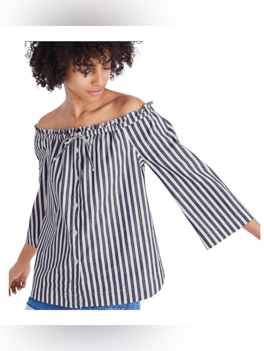 Madewell Blue & White Striped Off-the-Shoulder Tie-Front Top - Size S